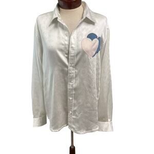 Boys Lie White Satin Button-Up Blouse with Blue & Pink Heart Patch